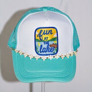 Turquoise and white "Fun at the Lake" hat with beaded hat jewelry